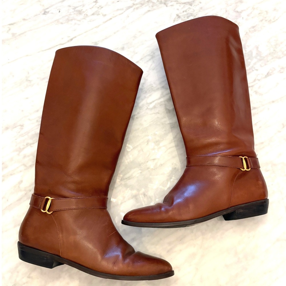 Etienne Aigner Shelby Brown Leather Pull-On Riding Boots‎ Tall Knee Womens 7.5